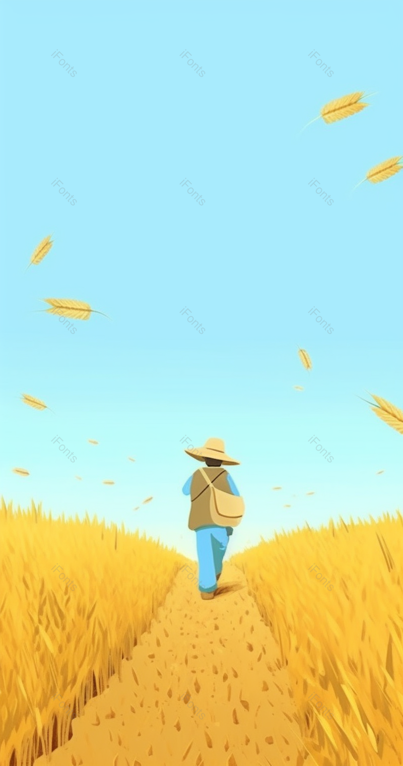 男人斜挎包乡间小路秋季麦田稻谷麦穗丰收金色黄色插画,插画/手绘图,插画/手绘图库,插画/手绘图下载,插画/手绘